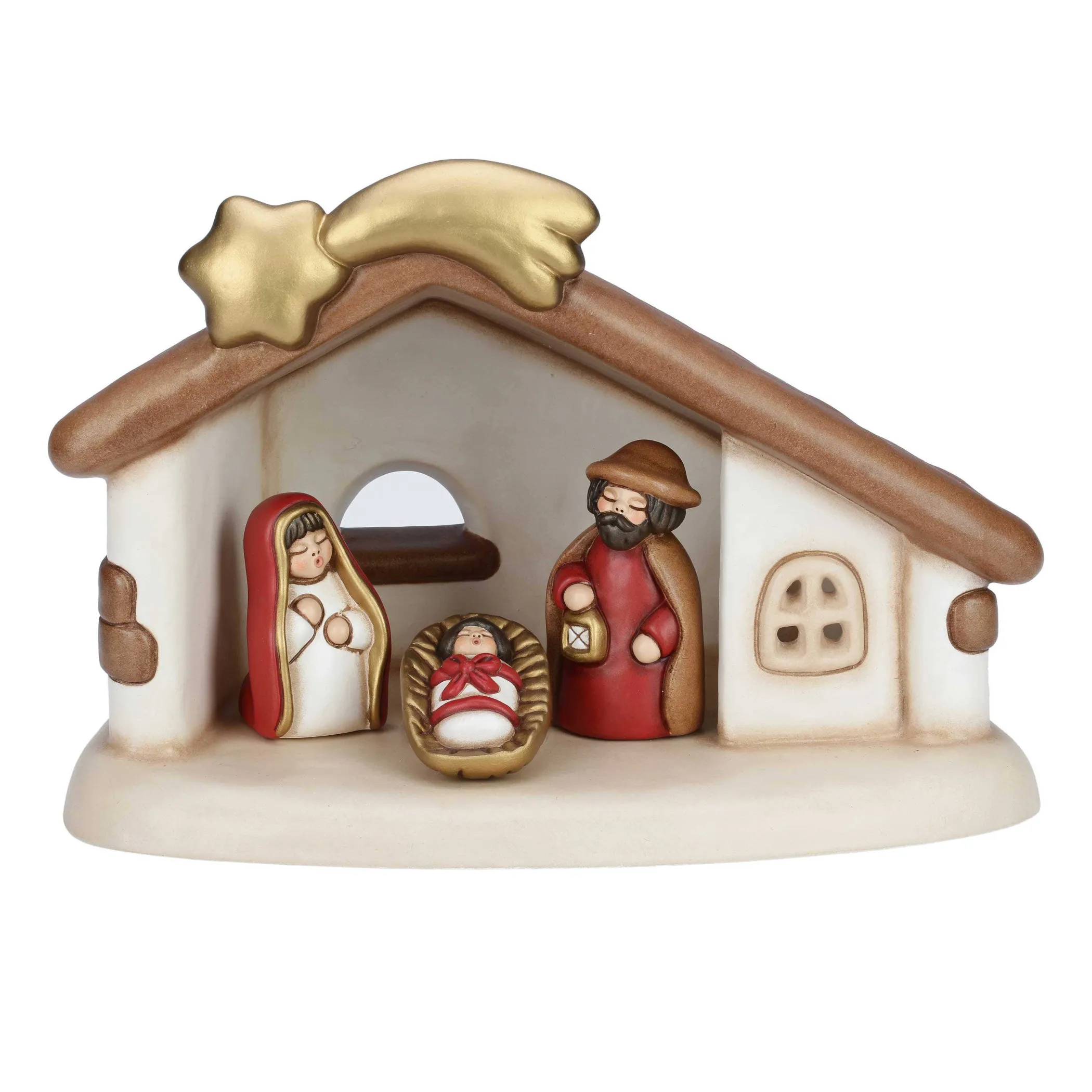 THUN Set capanna con stella cometa e Sacra Famiglia con Gesù, Giuseppe e Maria rosso* Presepe