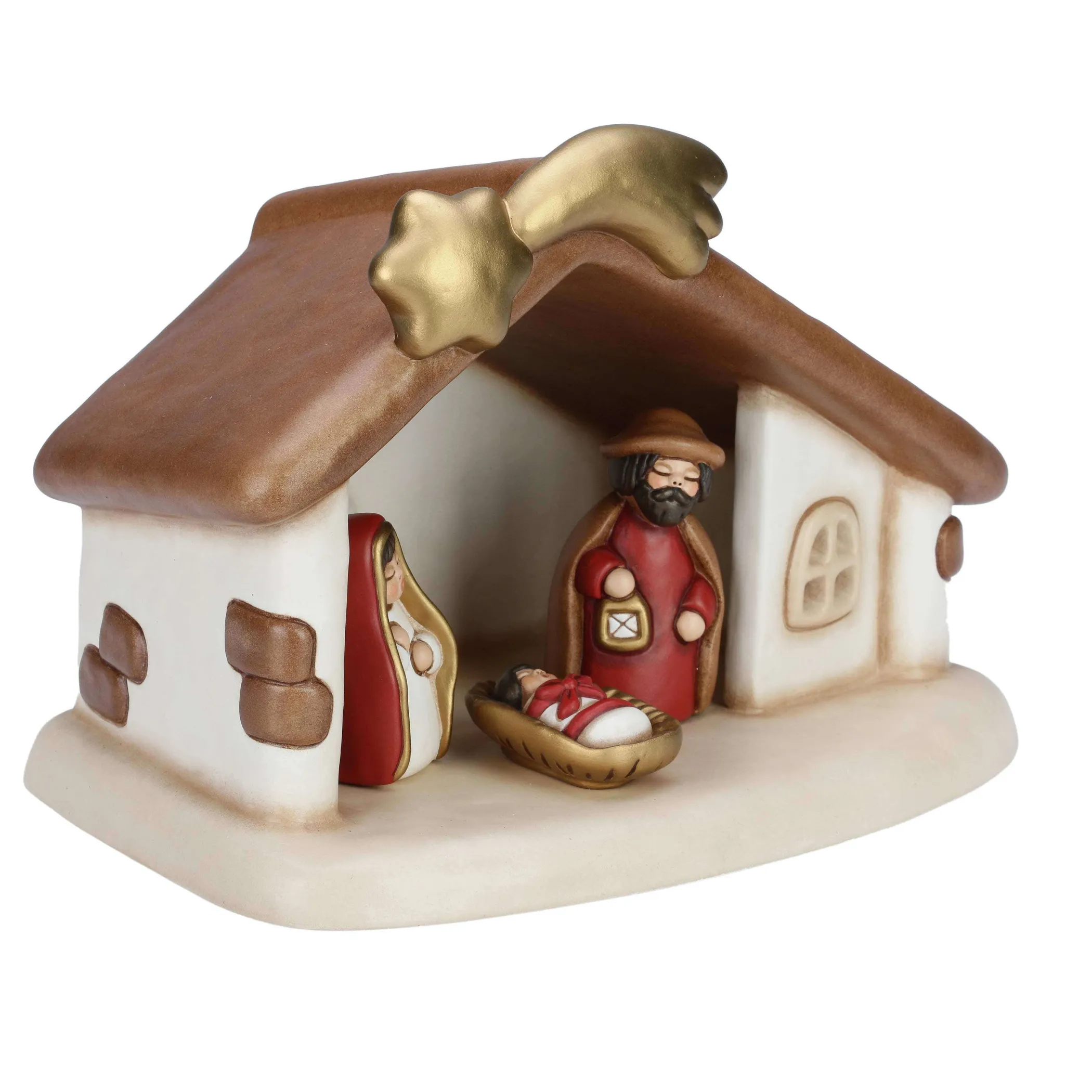 THUN Set capanna con stella cometa e Sacra Famiglia con Gesù, Giuseppe e Maria rosso* Presepe